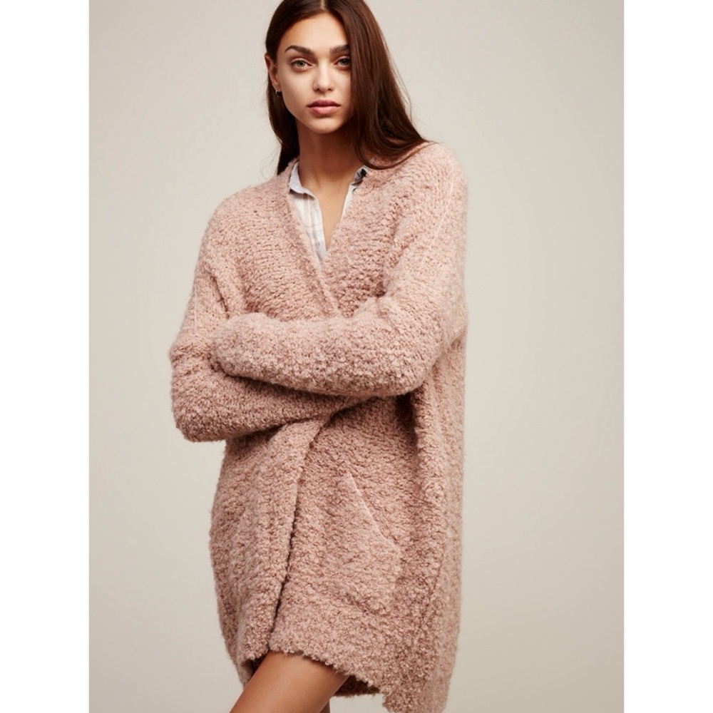 Free People Blush Pink Boucle Slouch Cardigan Alpaca Blend Oversized V Neck Knit